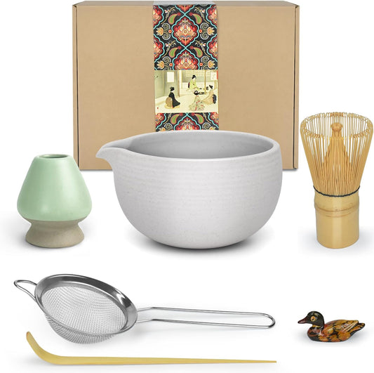 Artcome Matcha Ceremony Kit for Japanese Tea Ceremony, Bowl with Pouring Spout, Whisk, Tea Scoop, Matcha Powder Strainer, Matcha Tea Set For Making Usucha, Koicha and Matcha Latte (Grey)
