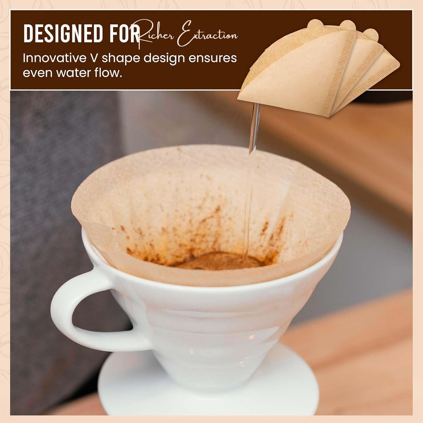 Exle Coffee Filter - V shape Cone Coffee Filters - Natural Drip Disposable Paper Filters 2-4 Cup - 100 ct - Brewing with Exle Coffee Filter - 100% Wood - Brown - Pour over coffee maker