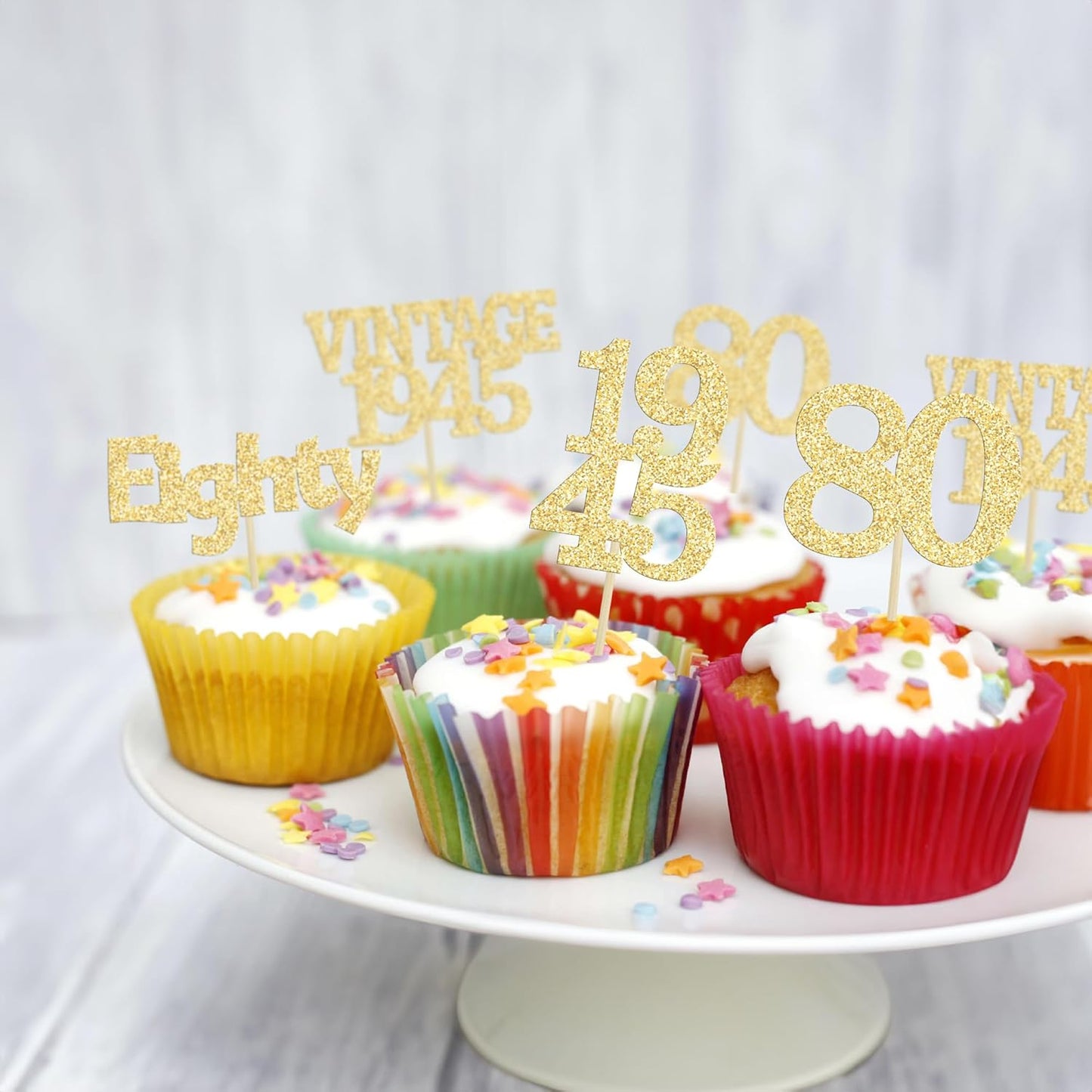 Gyufise 24Pcs 80th Birthday Cupcake Toppers Glitter Cheers to 80 Fabulous Eighty Vintage 1945 Cupcake Picks 80th Birthday Wedding Anniversary Party Cake Decorations Supplies Gold