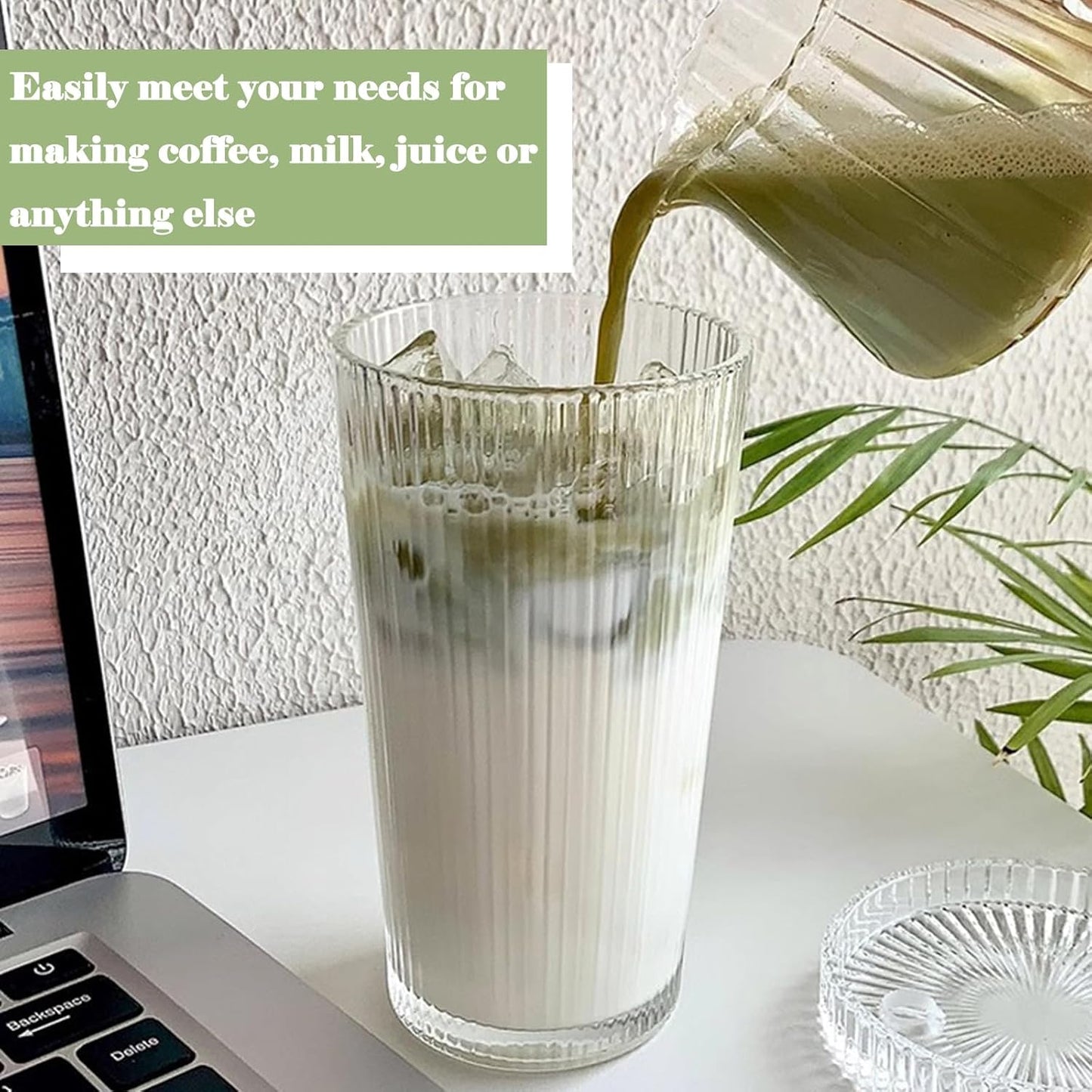 13oz Clear Iced Coffee Cups with Lids, Clear Glass Tumbler with Straw & Lid, Ribbed Glassware Cups, Dishwasher Safe Drinking Glasses, Stylish Glass Cups for Coffee, Juice, Tea, Matcha