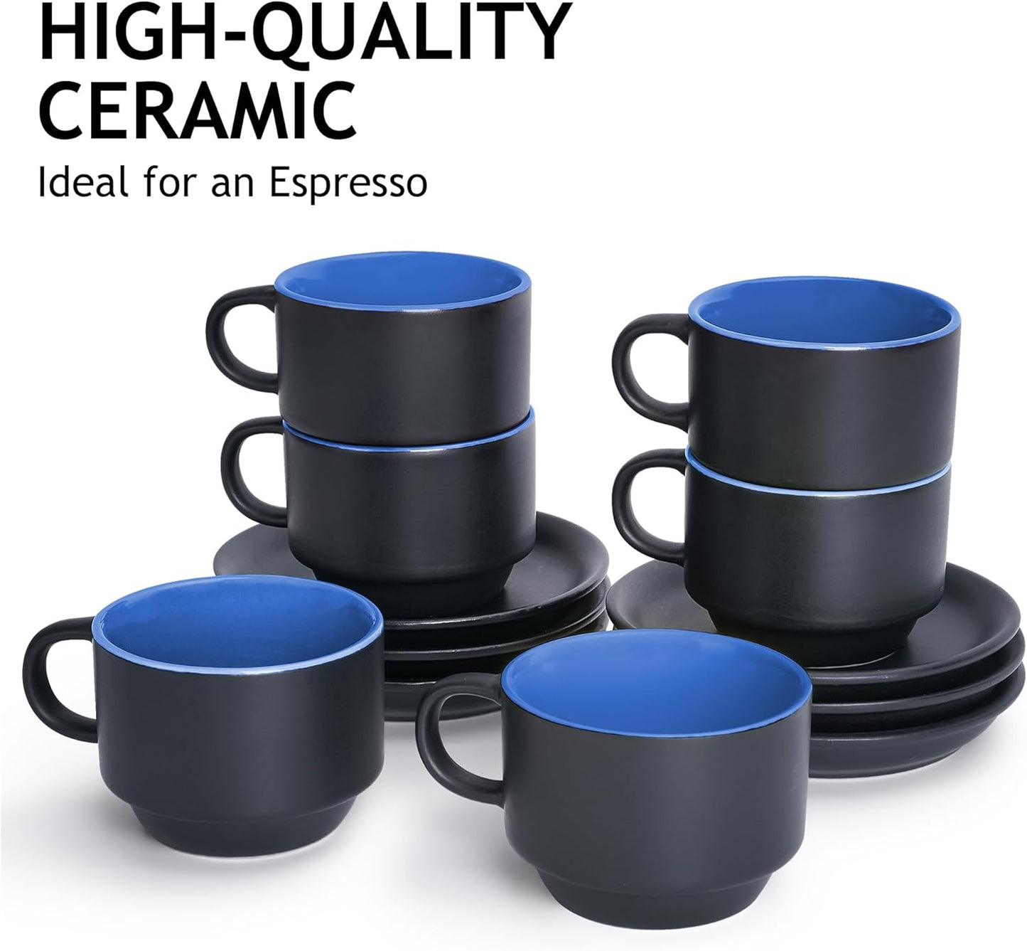 MIAMIO - 2.5 oz Espresso Cup Set with Saucers Coffee Mug Set of 6 - Ceramic Coffee Mug Stackable Espresso Mug with Stand for Coffee Drinks, Latte, Cafe Mocha - Le Papillon Collection (Blue)