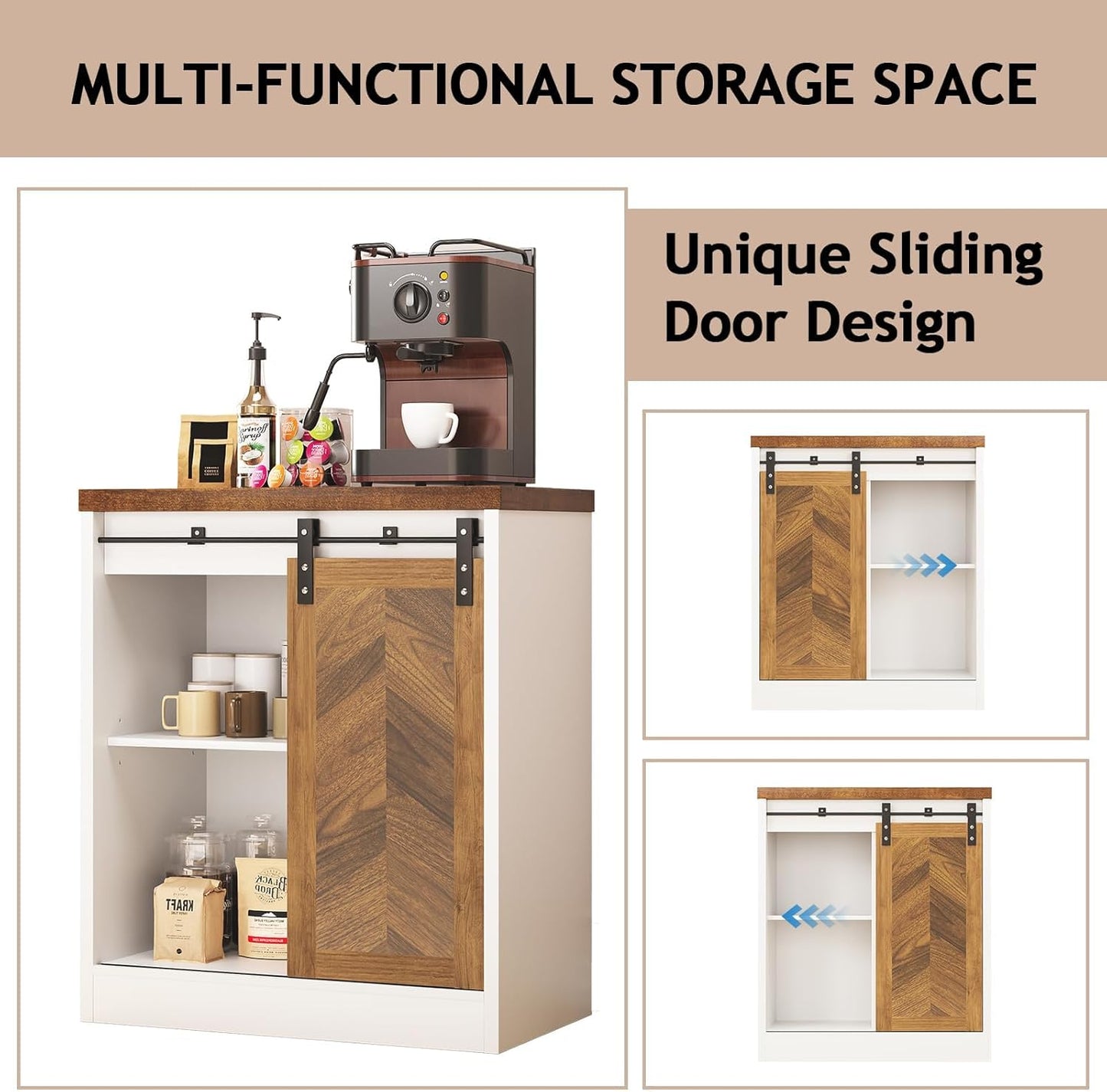 Farmhouse Small Coffee Bar Cabinet with Storage, White Coffee Bar Table with Sliding Barn Door, Adjustable Shelves, Bar Cabinet for Kitchen, Dining Living Room