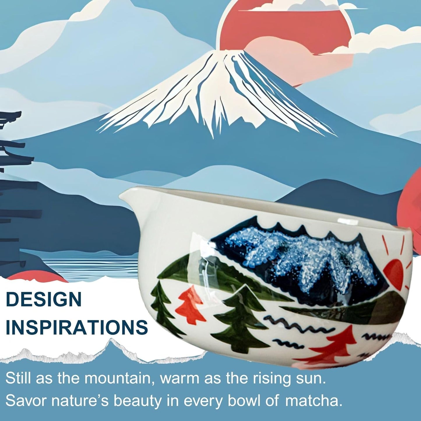 Fuji Mountain Matcha Bowl Set – 6-Pcs Hand-Painted Scenic Japanese Tea Ceremony Kit | Matcha Bowl with Spout, 2 Cups, Bamboo Whisk, Scoop & Whisk Holder | Gift for Tea Ceremony Lovers