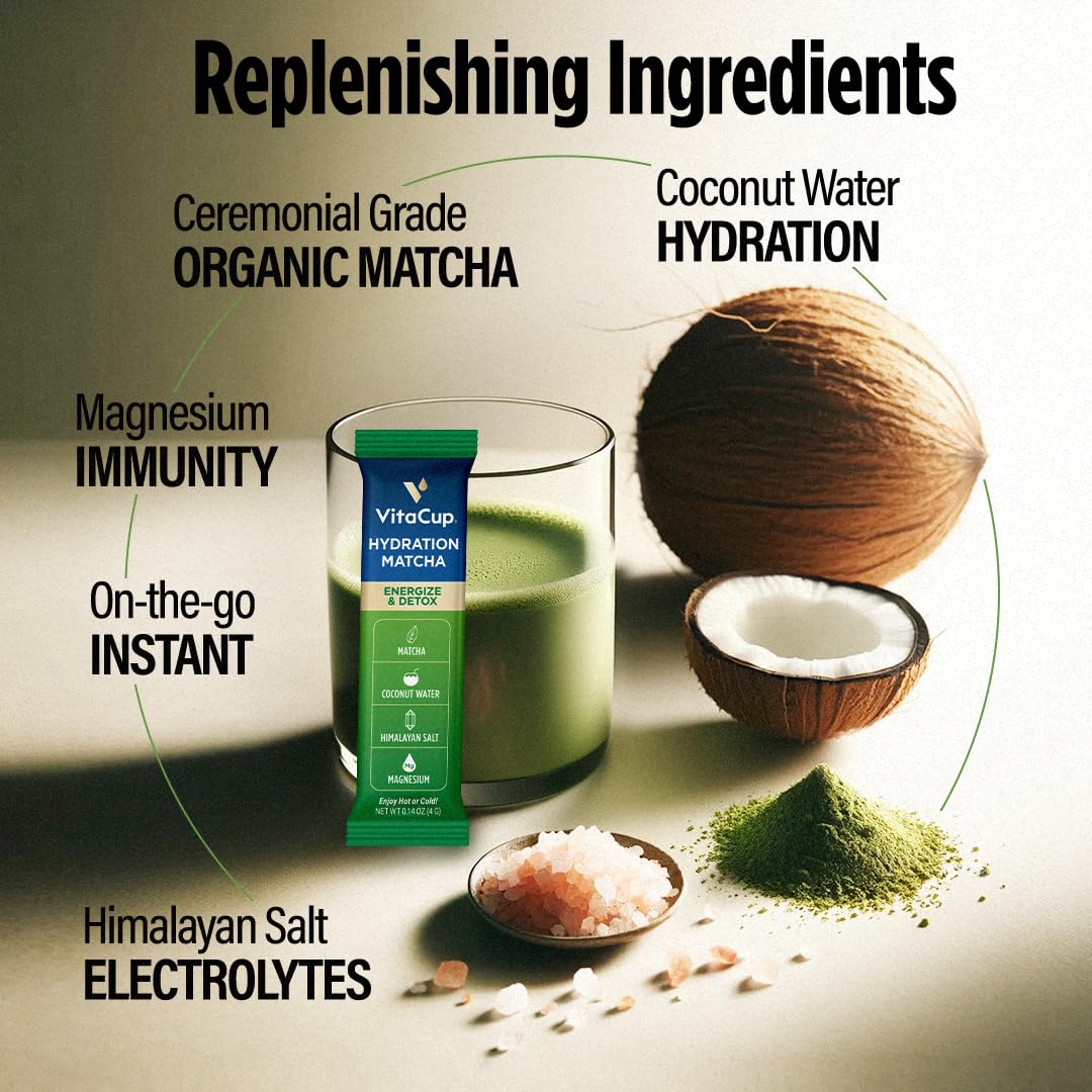 VitaCup Hydration Matcha Instant Packets, for Natural Energy and Detox, w/Electrolytes, Ceremonial Grade Organic Matcha, Coconut Water, Pink Himalayan Salt, Magnesium, in Single Serve Sticks, 20 Ct