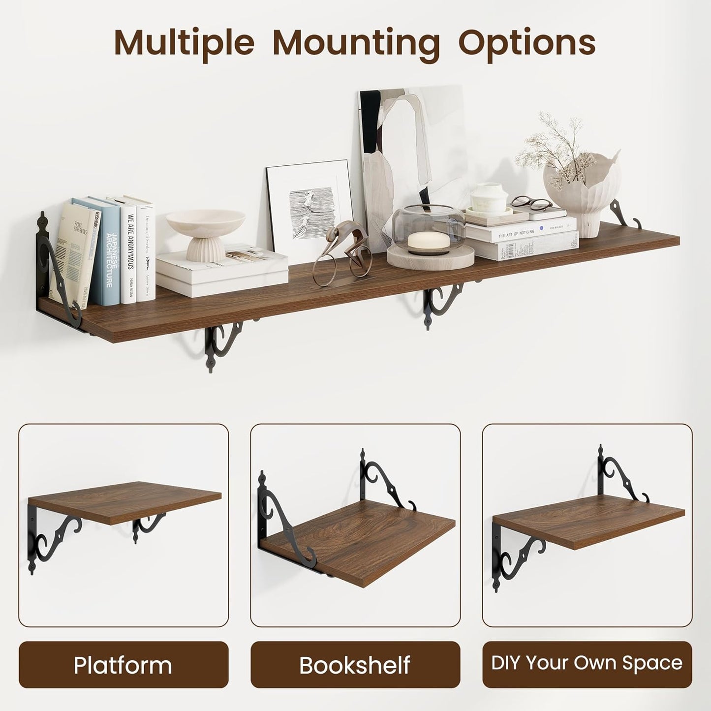 RICHFOCUS 12 Inch Deep Floating Shelves for Wall, 16" W x 12" D Wood Wall Shelves Set of 2, Wide Floating Shelves for Living Room, Bedroom, Kitchen, Bathroom and Decor Storage, Walnut