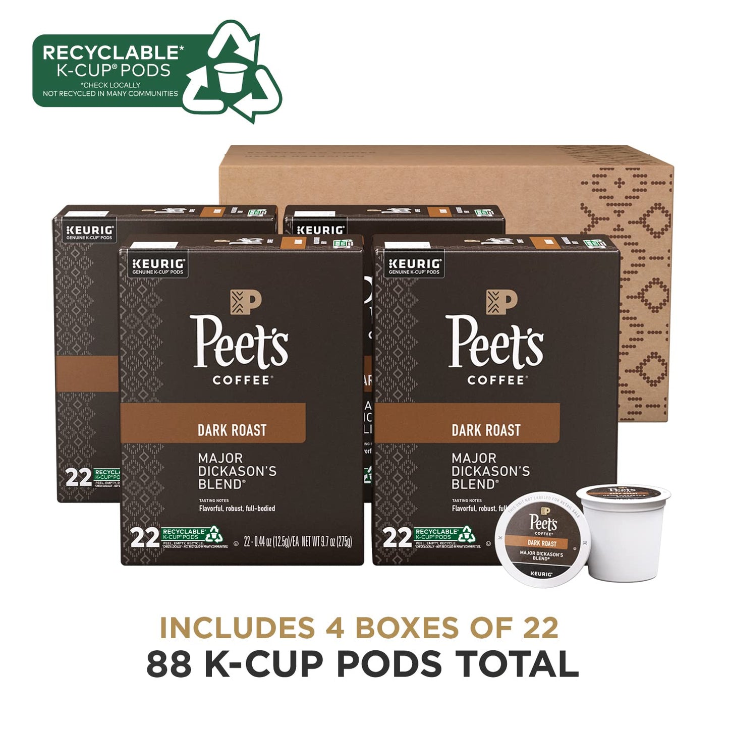 Peet's Coffee, Dark Roast Keurig K-Cup Pods - Major Dickason's Blend 88 Count (4 Boxes of 22 K-Cup Pods)