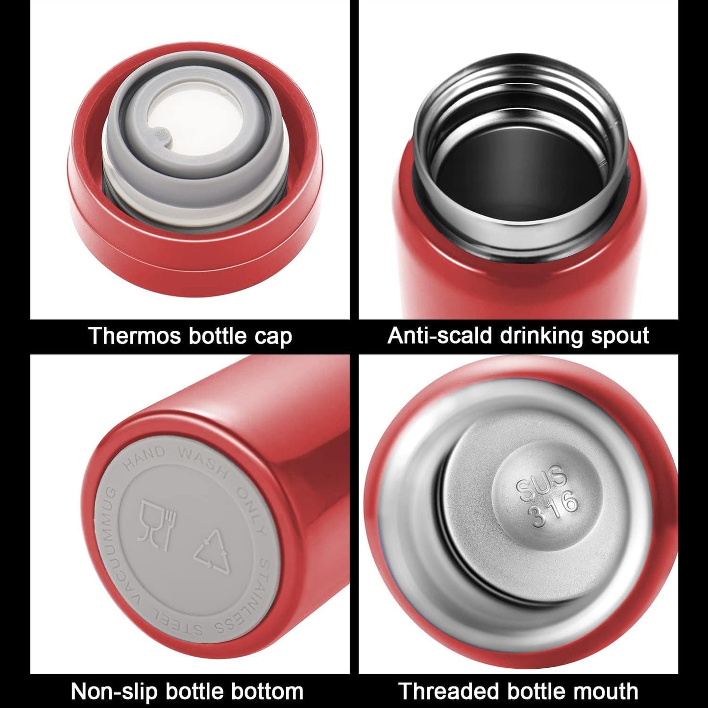 Mini Thermos Cute Water Bottle - 7 oz Tiny Insulated Vacuum 18/10 Stainless Steel Small Flask - Leak Proof & Spill Proof & Keeps Cold and Hot for Drink, Coffee, Tea - Red