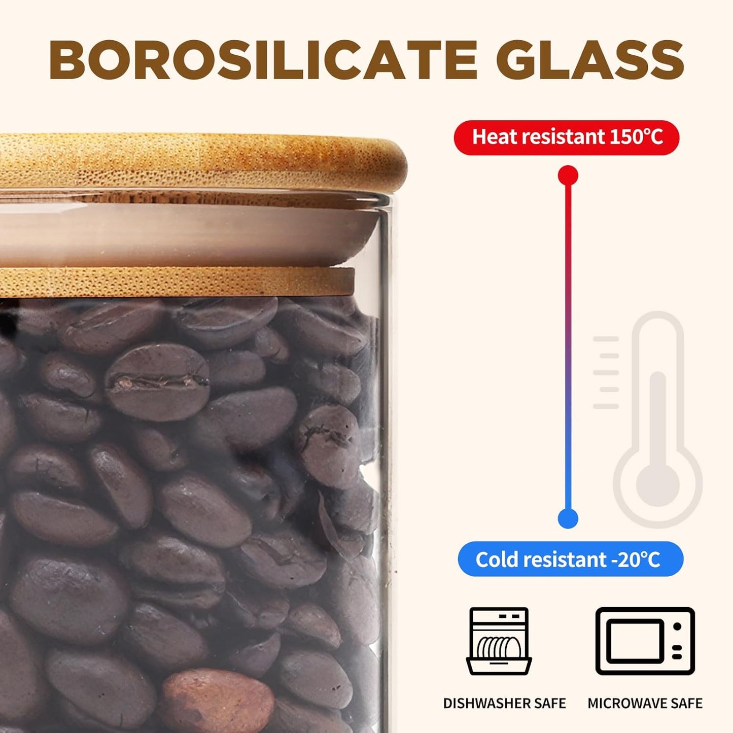 Glass Food Storage Jars, Glass Jars with Bamboo Lids, Kitchen Storage Jars, Canisters with Airtight Lids for Spice, Coffee, Cookie, Set of 5, Pantry Organizers