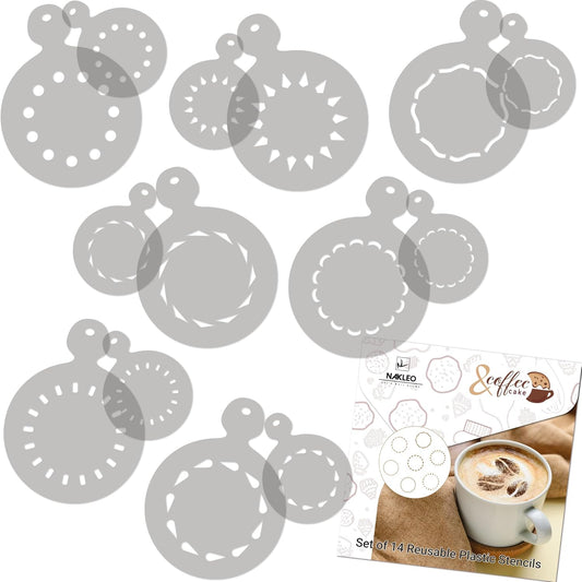 NAKLEO Coffee Stencils and Cookies Decoration 14Pcs 2.8”x2.8” and 4.3”x4.3”, Reusable Plastic Baking Templates, Circles Ornament Border, Barista DIY Art Craft, Capuccino Latte Chocolate Cake Biscuit