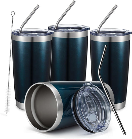 COMOOO 20oz Double Wall Vacuum Insulated Travel Mug, Stainless Steel Tumbler with Lid and Straw Durable Powder Coated Insulated Coffee Cup for Cold & Hot Drinks (Peacock blue, 4)