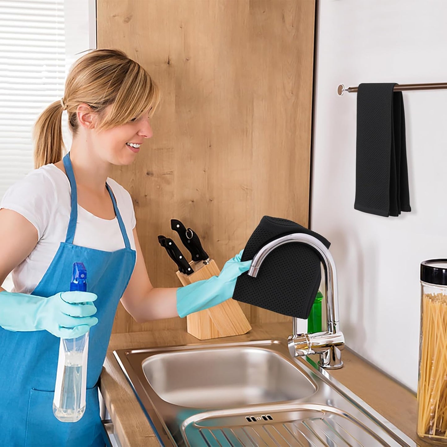 Kitinjoy 100% Cotton Waffle Weave Kitchen Towels, 12-Pack Super Soft and Absorbent Kitchen Dish Towels for Drying Dishes, Kitchen Hand Towels, 13 in x 28 in, Black