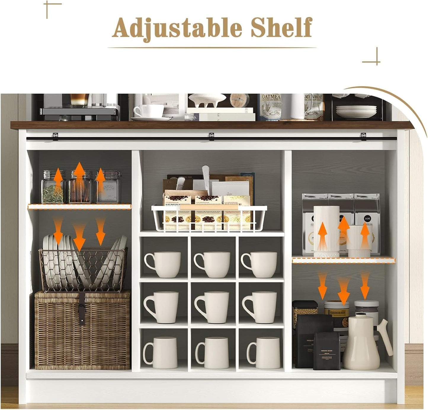 4 EVER WINNER Farmhouse Coffee Bar with 3-Tier Storage, 67” Coffee Bar Cabinet with Sliding Barn Doors, Hutch Cabinet with Storage & 9 Wine Racks, White