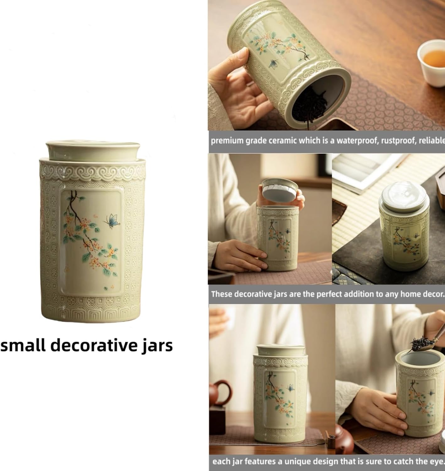 Ceramic Ginger Jar with Lid- 6.5 inches decorative flowers Ginger jars， chinoiserie gift Butterflies Medium jars for Home decor/jewelry/Tea/coffee beans/Storage