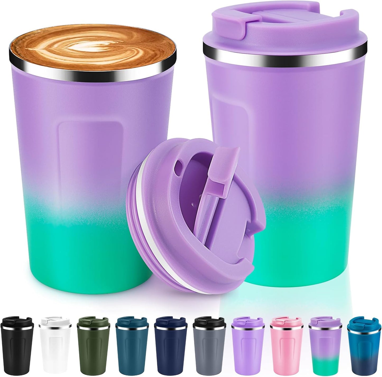 Volhoply 12 oz Double Wall Insulated Vacuum Travel Coffee Mug with Flip Lid Bulk 2 Pack,Reusable Stainless Steel Leak Proof Coffee Cup,Cafe Thermal Tumbler for Cold & Hot Drinks(Purple Green,2 Set)