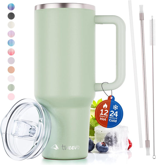40 oz Tumbler With Handle and Straw Made of Stainless Steel - Double Wall Vacuum Insulated Tumbler With Lid - Sweat Proof Easy Grip, BPA-Free, Dishwasher Safe Tumbler (Sea Sage)