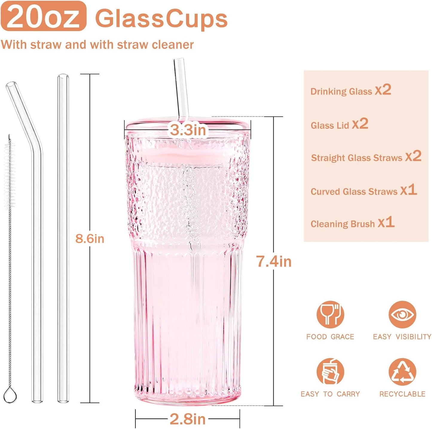 GOSCHE Glass Coffee Cups with Lids and Straws, 20oz Drinking Jar Glass Tumbler for Iced Coffee, Vintage Ripple Glassware Smoothie Cups, Pink, 2Pcs