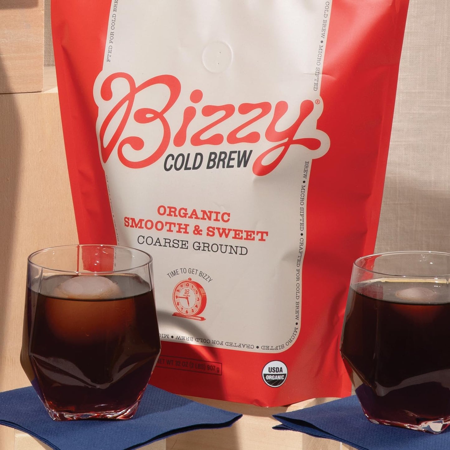 Bizzy Organic Cold Brew Coffee | Smooth & Sweet Blend | Coarse Ground Coffee | Medium Roast | Micro Sifted | Specialty Grade | 100% Arabica | 2 LB