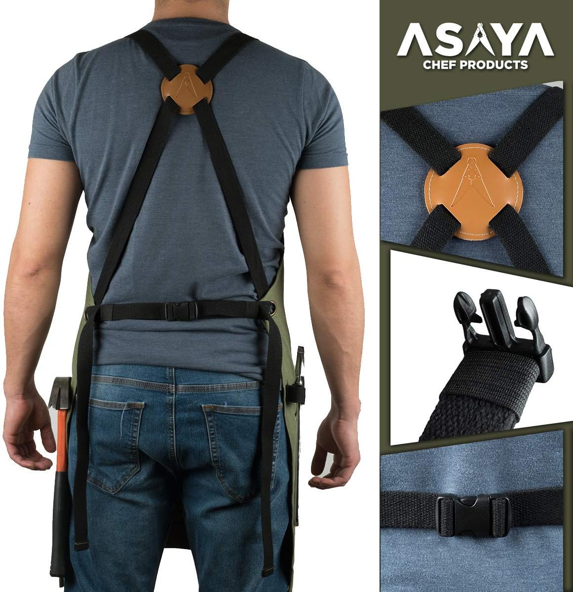 Asaya Chef and BBQ Apron with Bottle Opener and Hand Towel - 10oz Cotton Canvas, Stainless Steel Hardware - Cross Back Straps