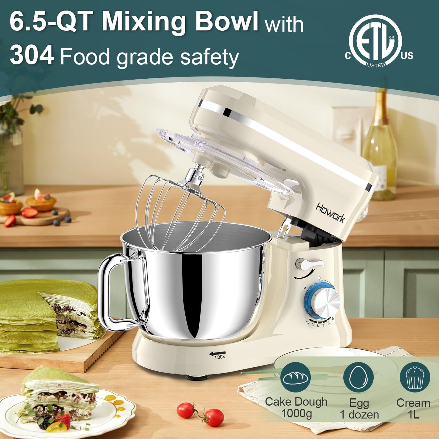 HOWORK Electric Stand Mixer,10+p Speeds With 6.5QT Stainless Steel Bowl,Dough Hook, Wire Whip & Beater,for Most Home Cooks,Cream White