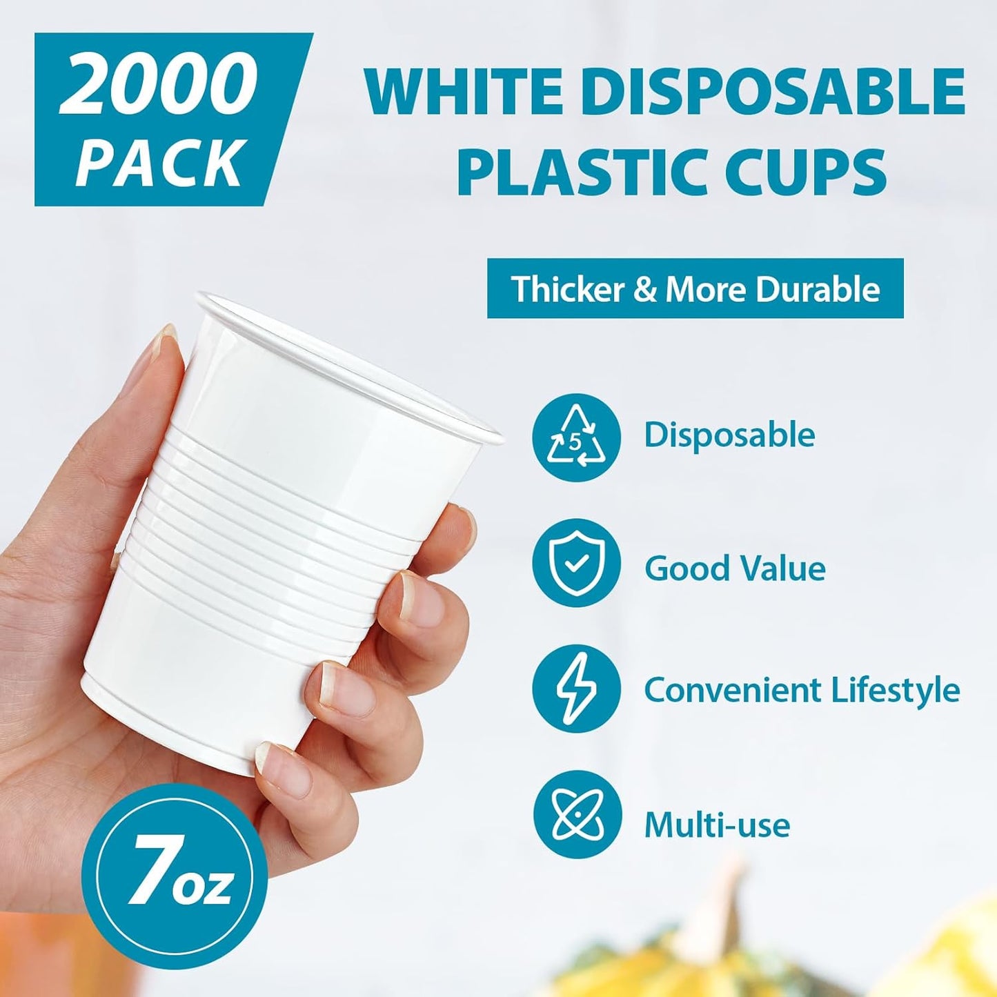 Lilymicky 2000 PACK 7 oz White Plastic Cups, 7 Ounce Disposable Drinking Cups for Birthday Parties, Picnics, Ceremonies