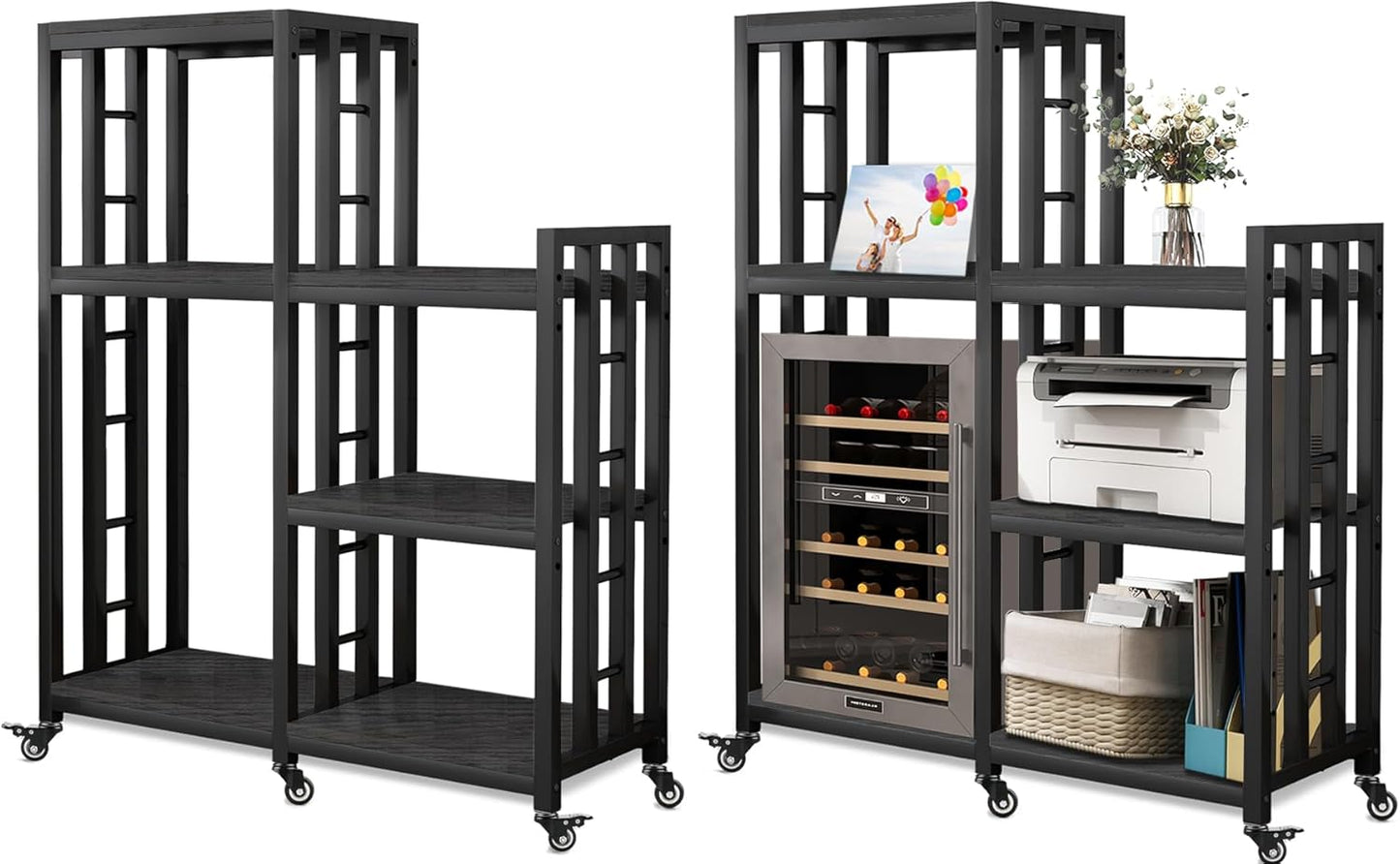 BRIGHTSHOW Free Standing Baker Rack Mini Fridge Stand with Wheels, 6 Tire Kitchen Storage Shelf Organizers Coffee Table Bar Microwave Stand for Patio Garage Shelving Home Porch Decor Office House