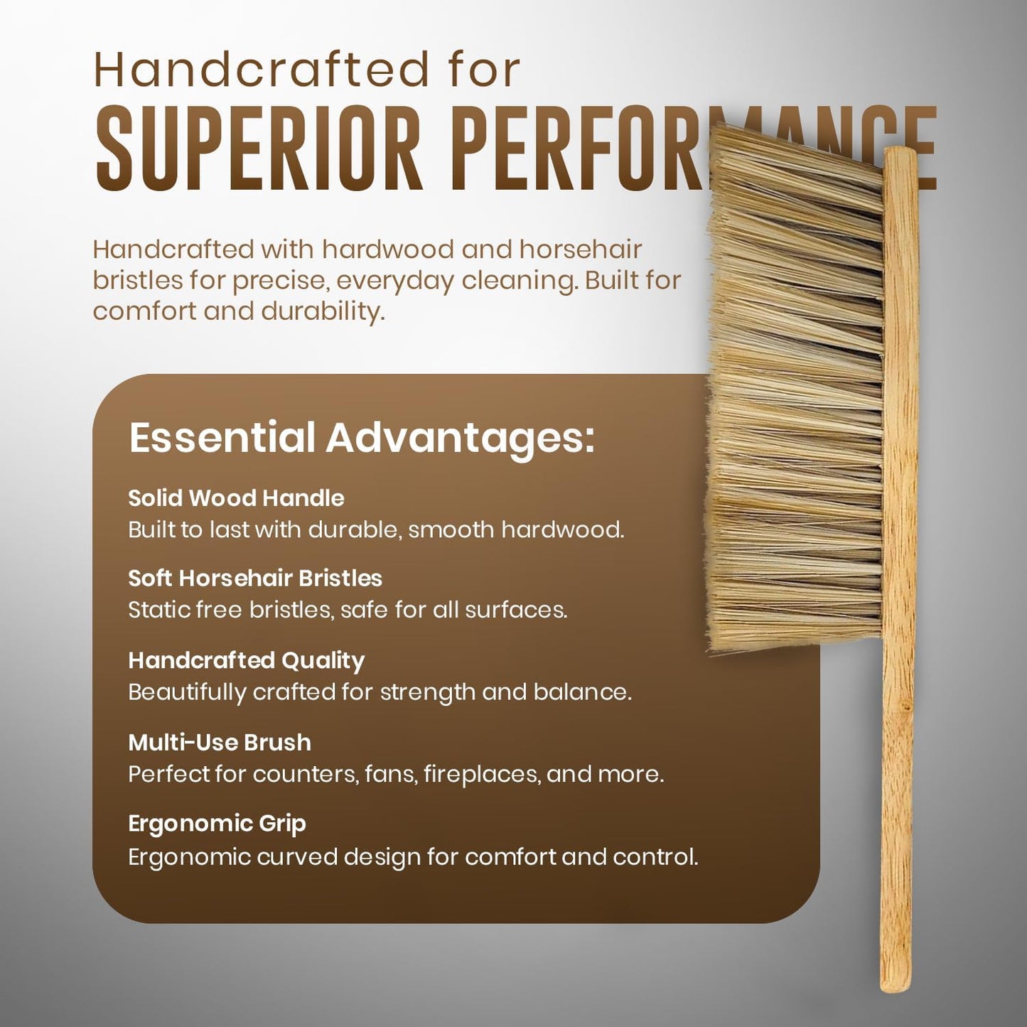 Rattleware Durable 11” Counter Brush - Solid Wood Handle, Horsehair Bristles & Static-Fre - Ideal for Home & Commercial Use