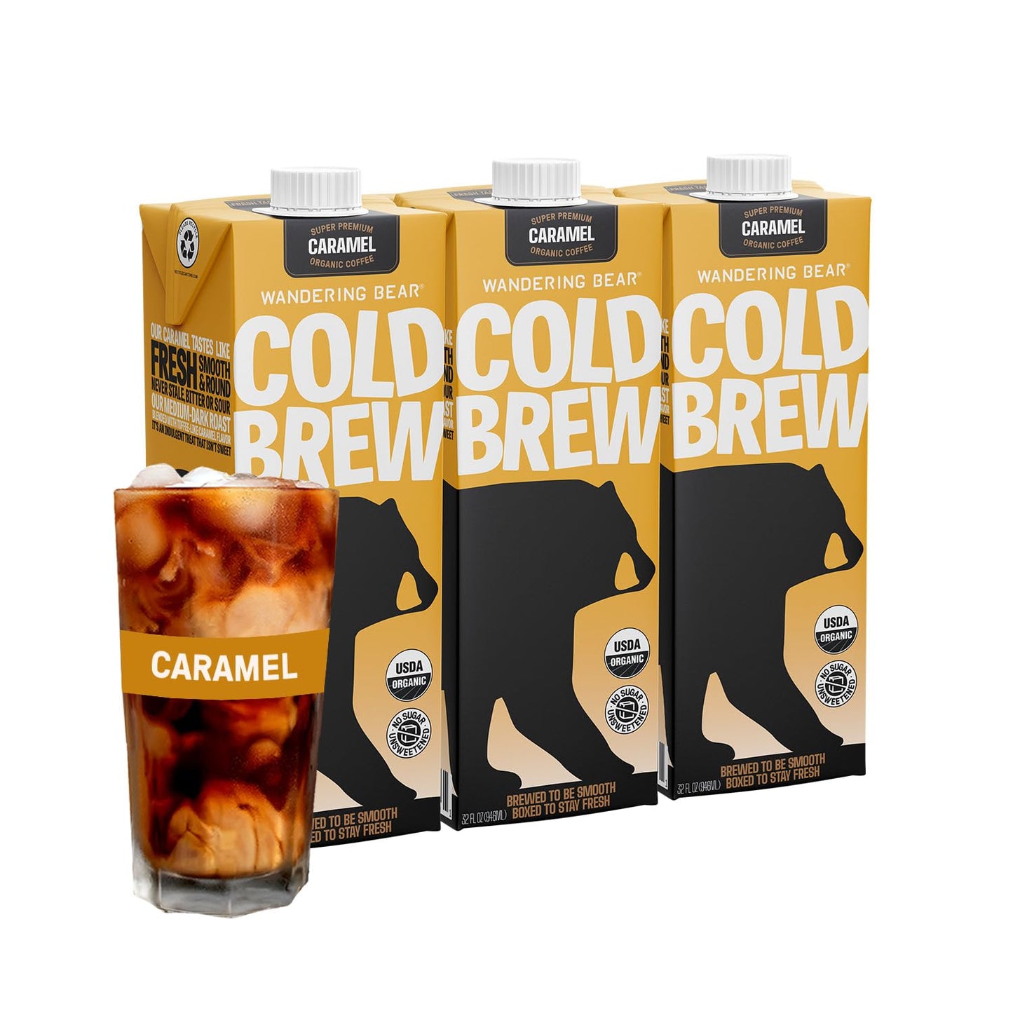 Wandering Bear Organic Caramel Cold Brew Coffee, 32 fl oz, 3 pack - Extra Strong, Smooth, Organic, Unsweetened, Shelf-Stable, and Ready to Drink Iced Coffee, Cold Brewed Coffee