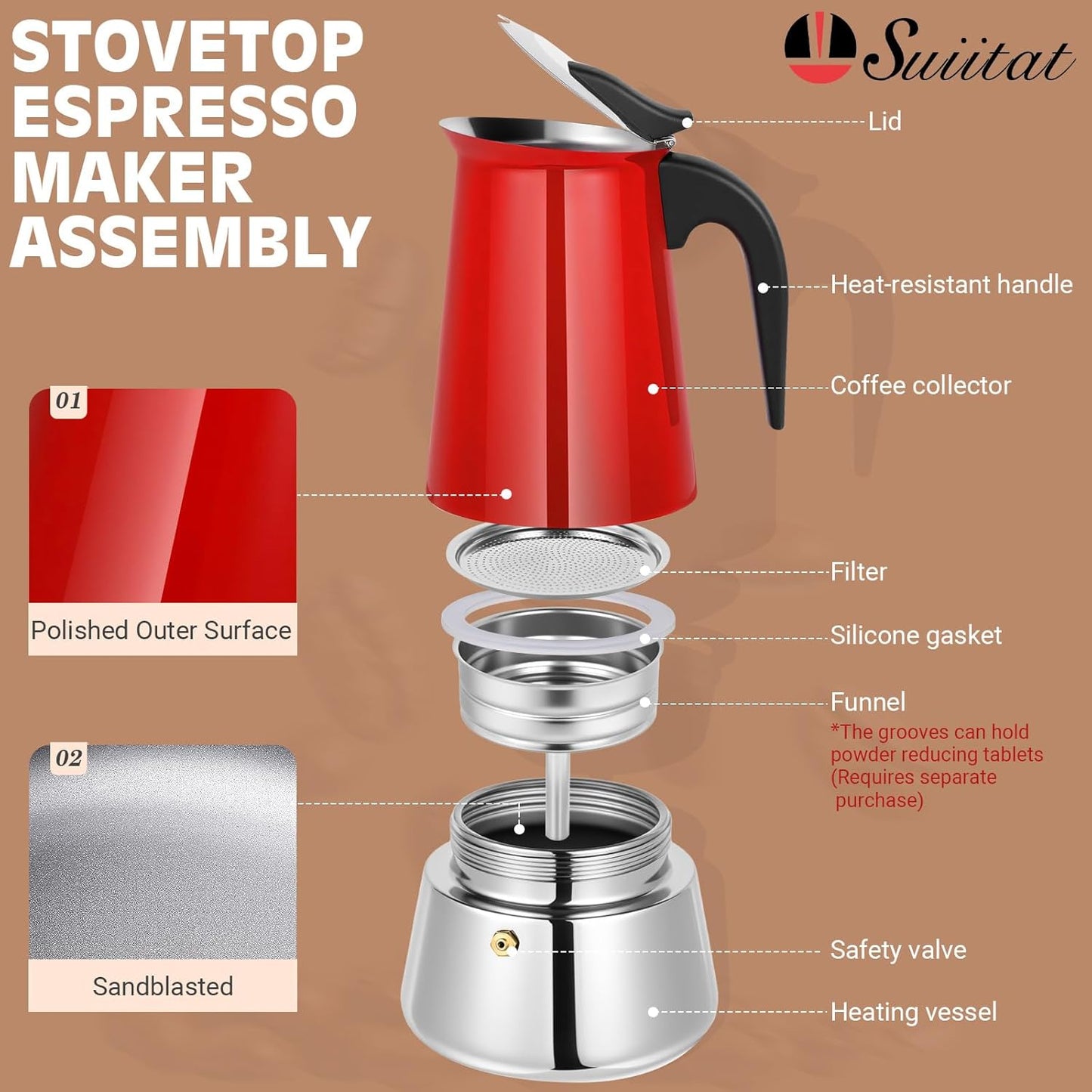Moka Pot, 6 Cups (10.6 oz) Stovetop Espresso Maker, 304 Stainless Steel Moka Pot, Induction Compatible, Red