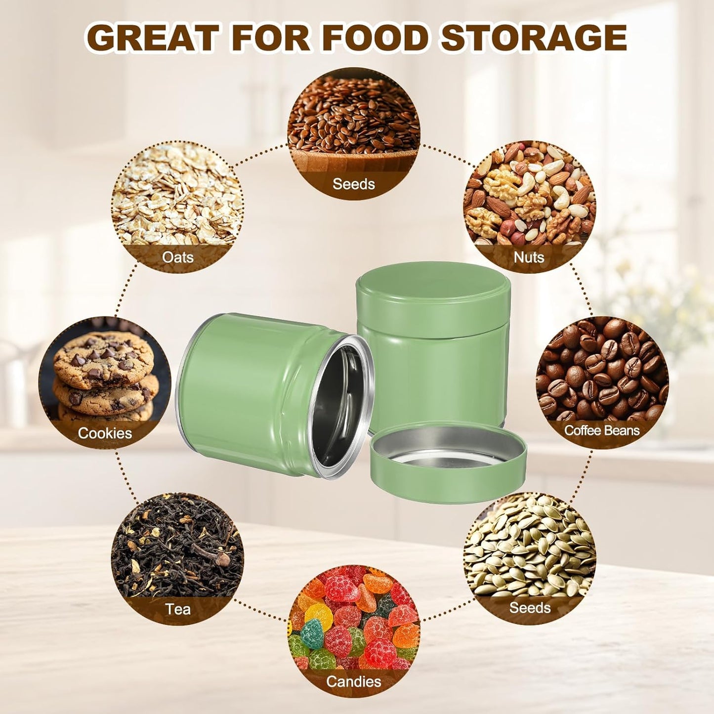 uxcell 2Pcs Round Tea Canisters, 4" x 4" Airtight Metal Tea Containers for Loose Tea, Coffee Beans, Spices - Durable, Compact, and Stylish Storage Tea Tin (Silver Green)