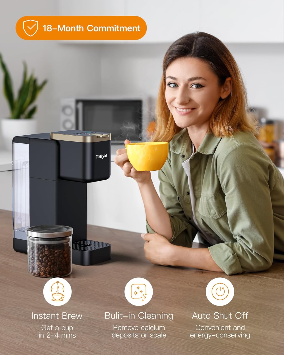 Single Serve Hot & Iced Coffee Maker with Strong Brew, 40oz Removable Reservoir, 6 Brew Sizes, Compatible with K Cup and Grounds, Compact for Home, Office, RV, Black & Gold (2.0 Version)