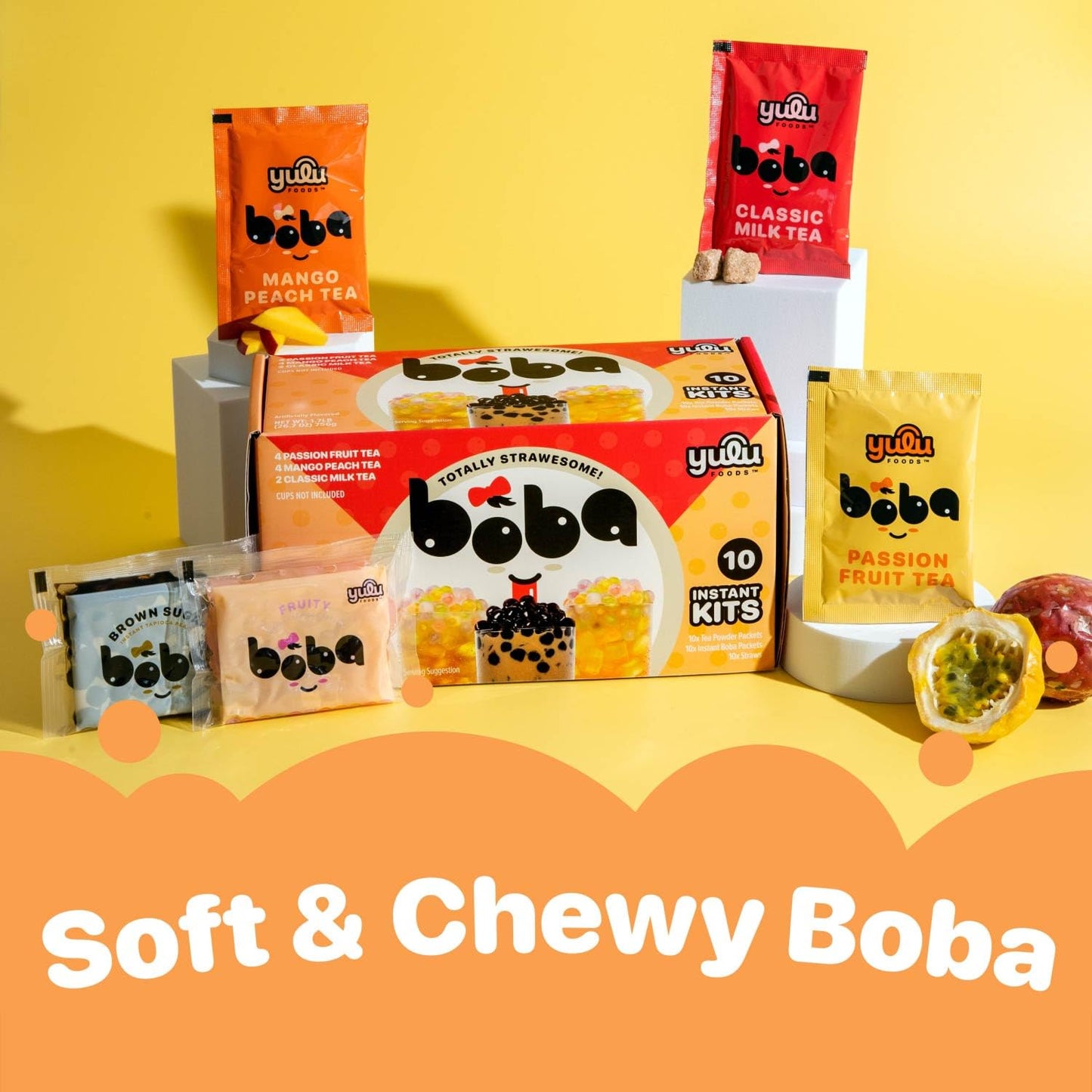 Boba Bundle Kit 10 Serv. Instant Bubble Pearl Variety Milk Tea Kit with Authentic Brown Sugar Tapioca Pearls by Yulu Foods - Ready in Under 1 Minute, Includes Paper Straws - Gift Box, Holiday (Classic, Mango Peach, Passionfruit)