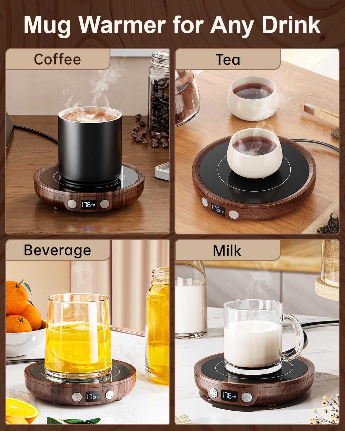 SWEETFULL Mug Warmer - Upgraded 36W Coffee Cup Warmer for Desk with 130℉-176℉ Digital Display, 2-12H Timer Auto Shut Off, Smart Electric Coffee Heating Plate, Ideal Gifts for Women Men - Wood