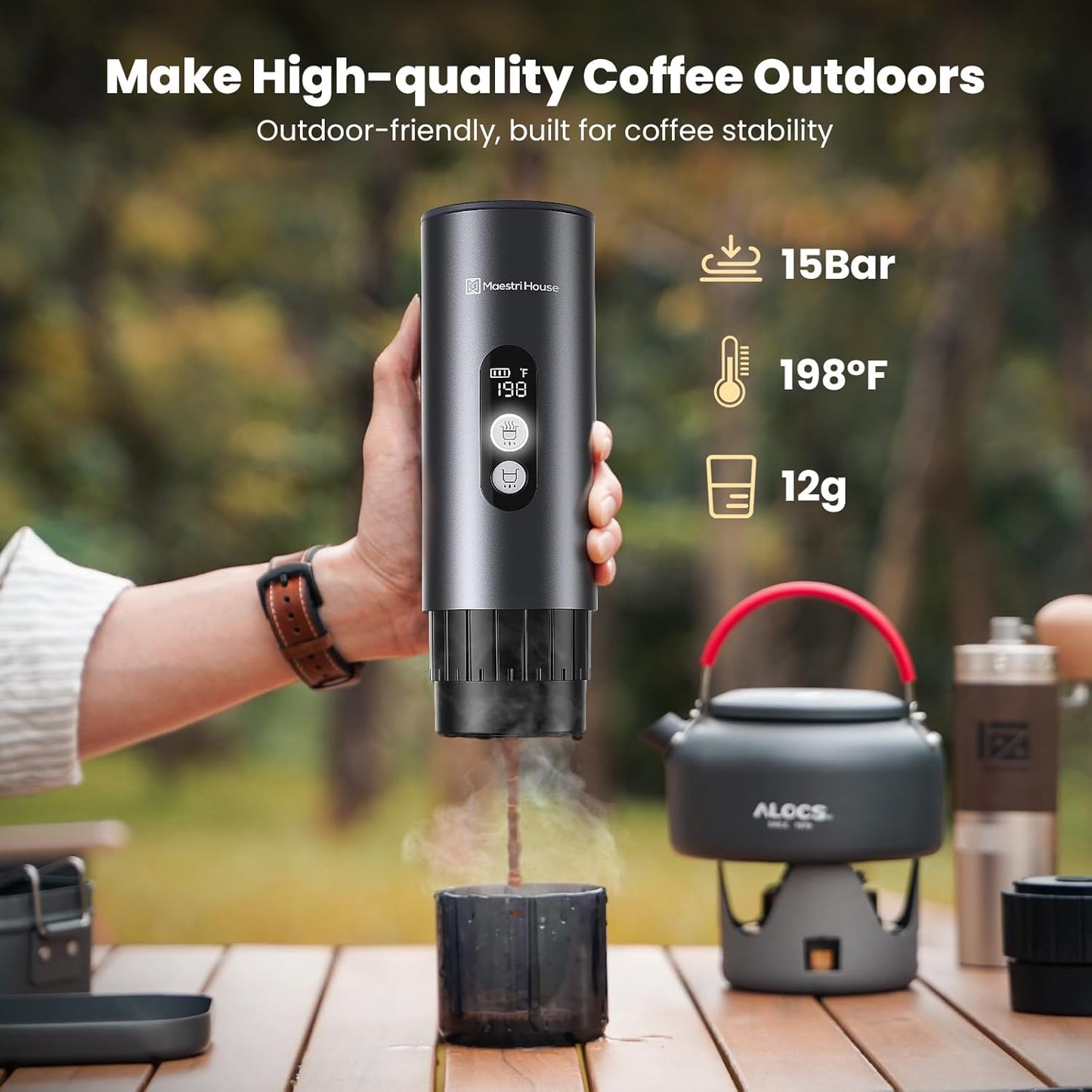 Maestri House 150W Espresso Maker with 2-3 Min Fast Self-Heating, Portable Travel Espresso Coffee Machine with Bag, Small Tea Cup Also Holder for NS Capsule & Ground Coffee for Car Camping, RV, Hiking