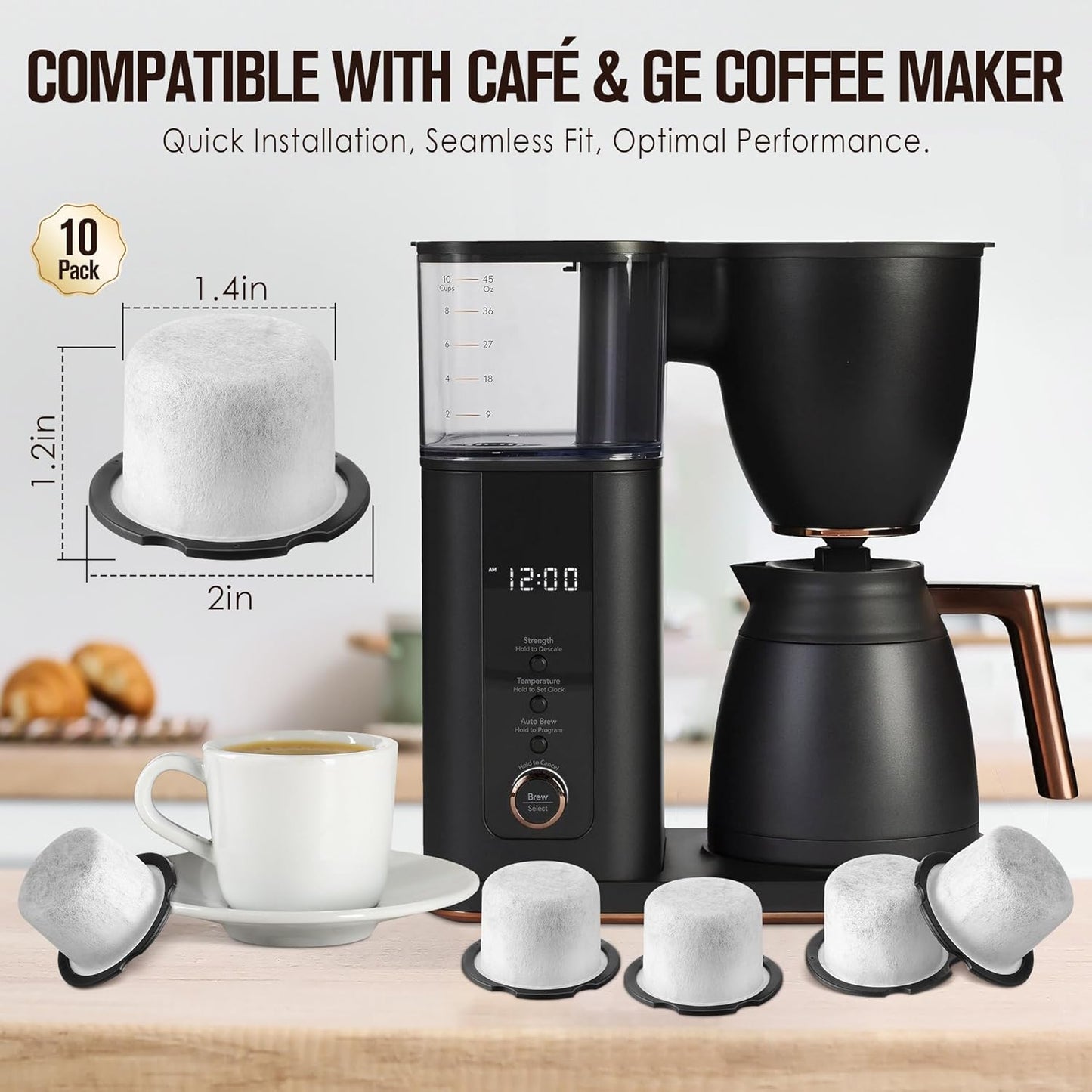 Qualirey 10 Pack Coffee Water Filter Replacement, Compatible with Café and GE Profile Grind & Brew Machine, Charcoal Coffee Filter Cartridges, Replacement for C7CGFLTR, Replace Every 3 Months