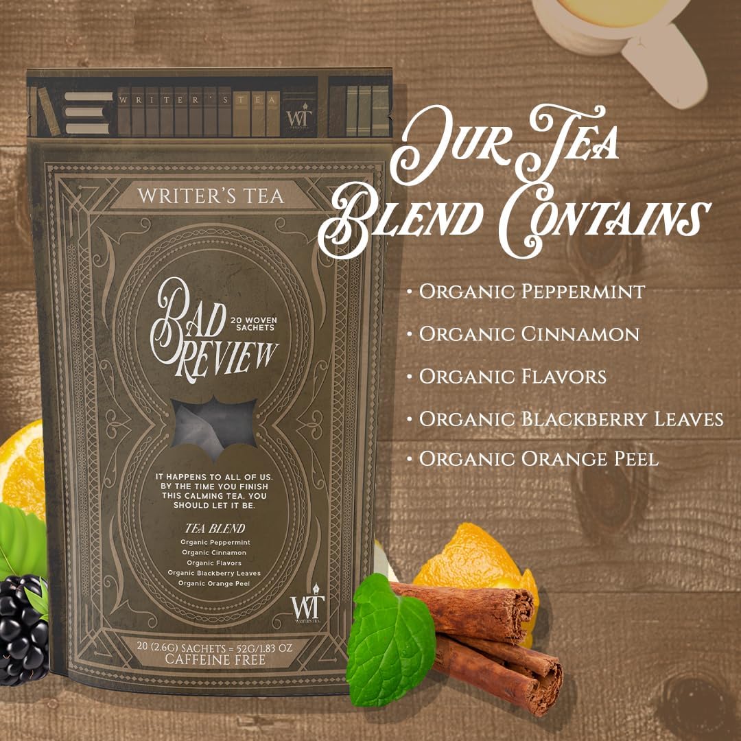 Writer's Tea Bad Review - Calming Tea - Peppermint, Cinnamon, Flavors, Blackberry Leaves, and Orange Peel Tea Blend - Caffeine Free - 20 Woven Sachets