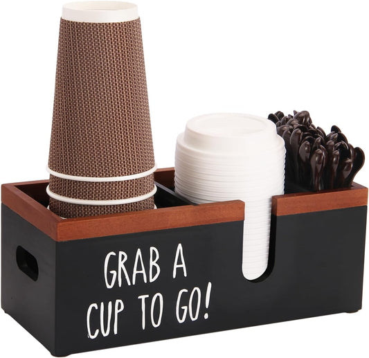 100% Wooden Coffee Cups Holder with U-Shape Cutout Design for Countertop-Coffee Bar Organizer for Cups, Lids, Pods, Stirrers, and Accessories, Great Gift for Home or Office