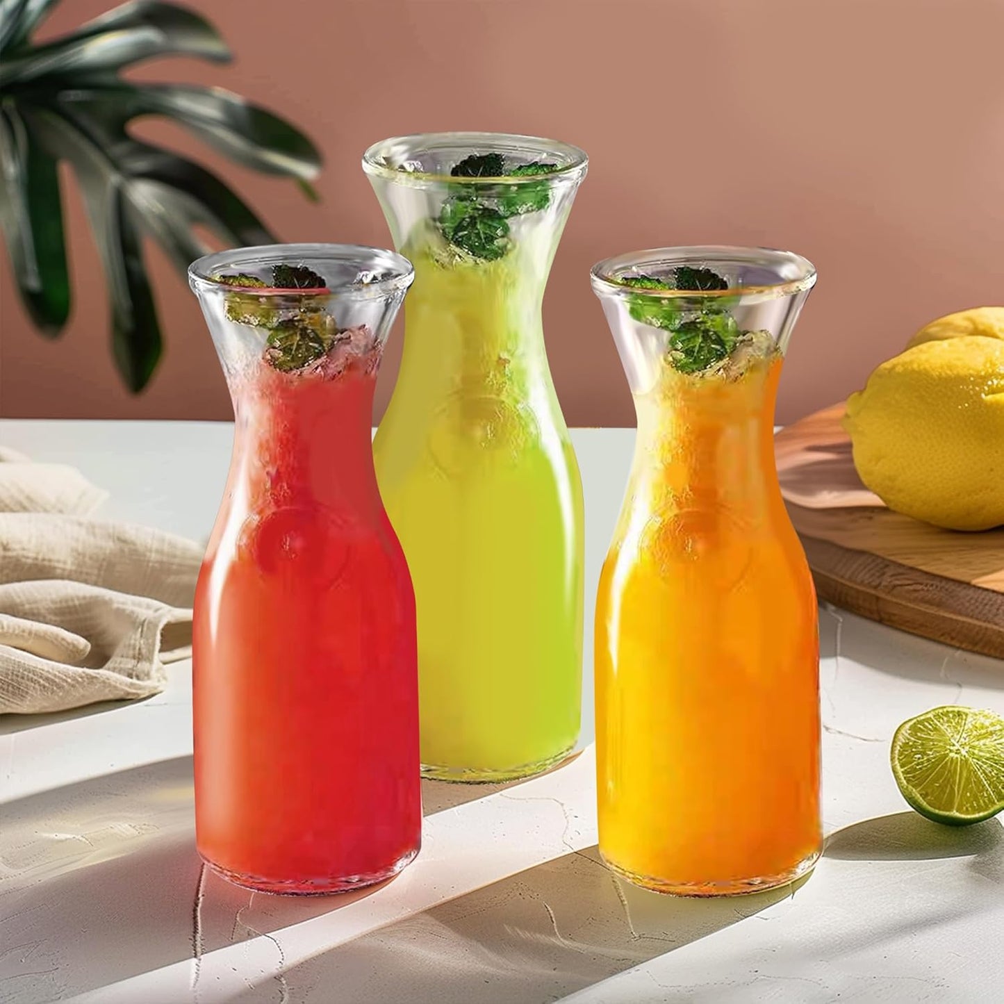 Glass Carafe with Acrylic Lid,35 Oz Beverage Dispensers Carafe,Mimosa Bar Supplies,Clear Glass Pitcher with Name Labels for Iced Tea,Coffee,Juice(Set of 4)