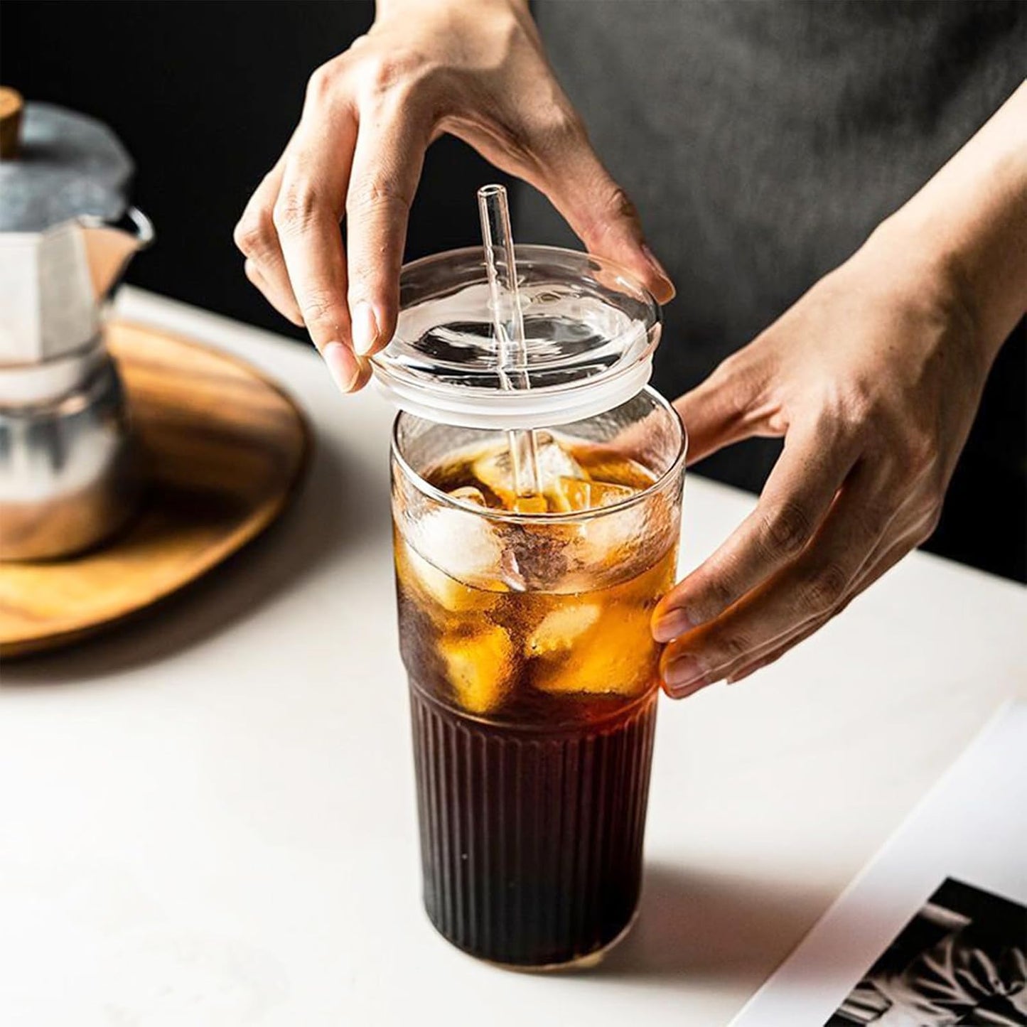 Glass Tumbler with Straw and Lid, 20 OZ Clear Iced Coffee Glasses Cups for Ice Water, Juice, Tea, Milk, Smoothie and Cold or Hot Drinks, Set of 2