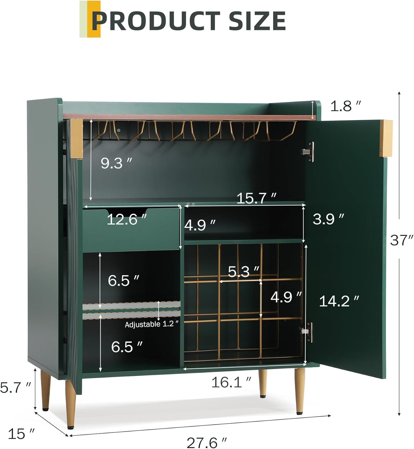 Wine Bar Cabinet Sideboard Buffet Cabinet with Wine Rack & Coffee Bar Station - Adjustable Shelves, Glass Holder and Storage Drawers for Kitchen, Dining Room, Living Room Green