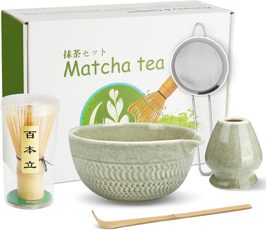 Matcha Whisk Set, Ceramic Matcha Set, Matcha Bowl with Spout, Matcha Whisk & Holder, Sifter and Bamboo Scoop, 5 Pcs Matcha Kit, Matcha Tea Ceremony Gifts for Matcha Lovers & Starter (Matcha Green)