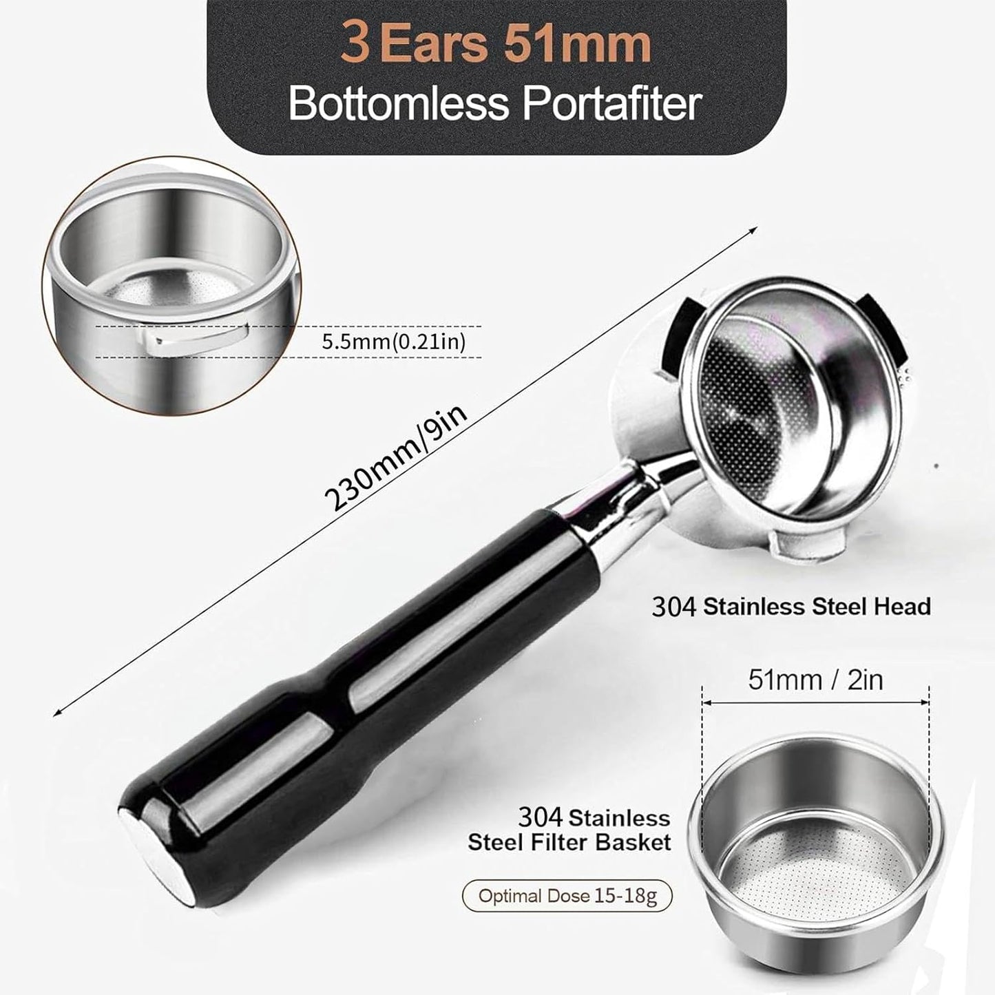 51mm Bottomless Portafilter for Delonghi Dedica EC680, EC685,SMEG and EUPA Coffee Machines, 3-Ear Design, Stainless Steel 51mm portafilter with Stainless Steel Double Shot Capacity Cup Filter Basket