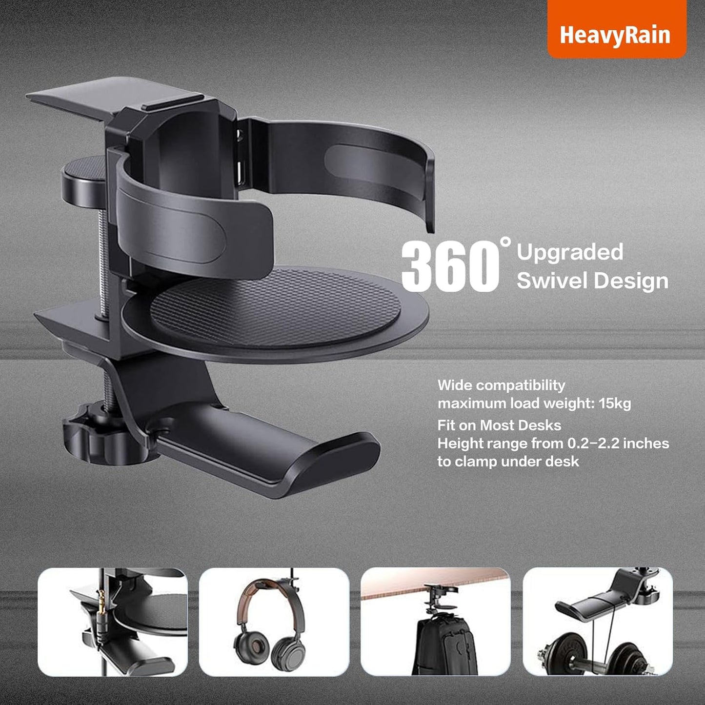 3 in 1 Gaming Cup Holder Multifunctional Desk Mounted Cup and Headphone Holder, Adjustable Clamp Mount, 15KG Load Capacity, Fits 2.8-3.5 inch Cups and Bottles,Coffee Lover Gamer Gear (Silvery)
