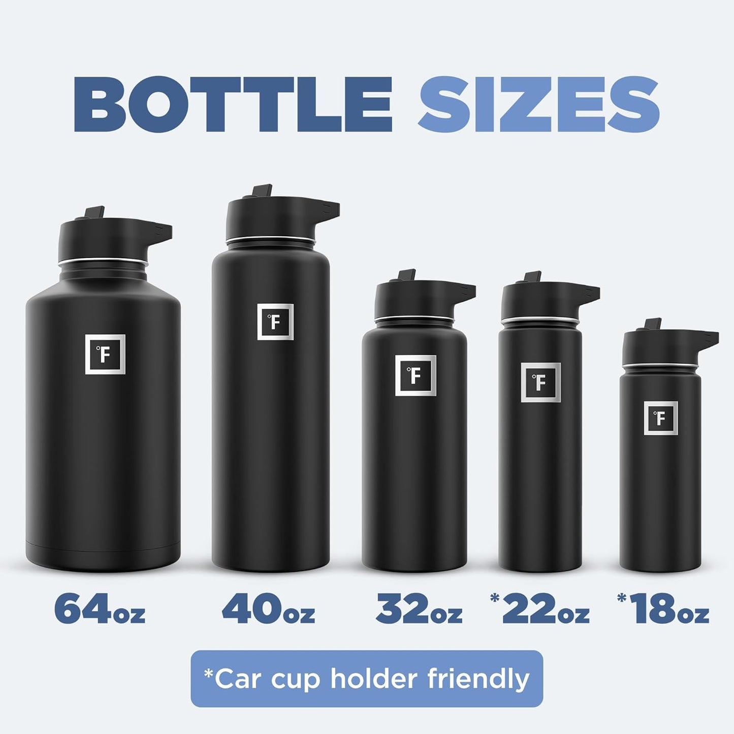 IRON °FLASK Camping & Hiking Hydration Flask with 3 Lids - Stainless Steel, Double Walled & Vacuum Insulated Water Bottle - Leak Proof & BPA Free (Midnight Black, Straw - 64 oz)