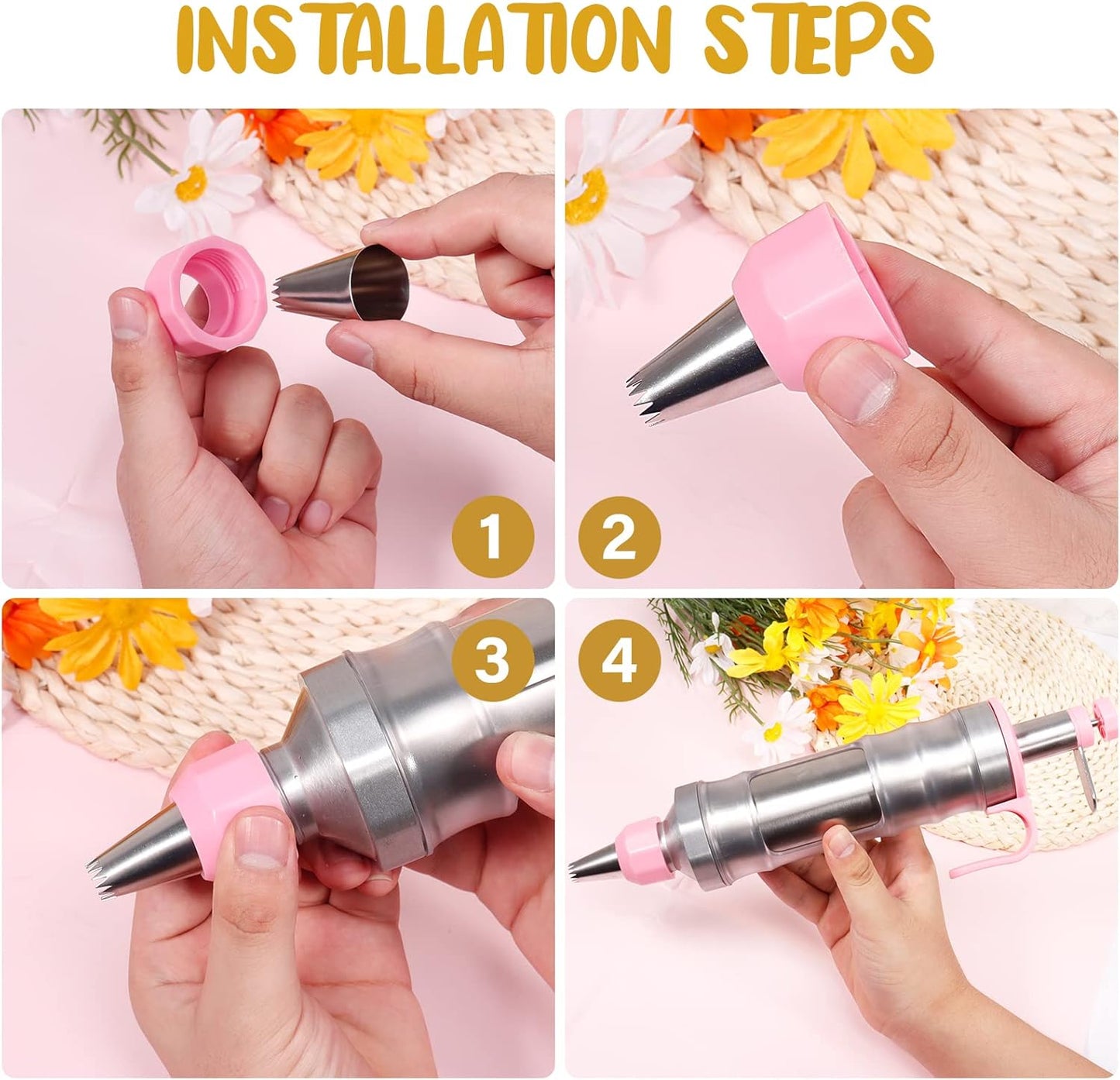 Dualshine Pink Cake Decorating Kit - 6 Russian Piping Icing Nozzles, 3 Cream Scrapers, Stainless Steel Cupcake Frosting Filling Injector