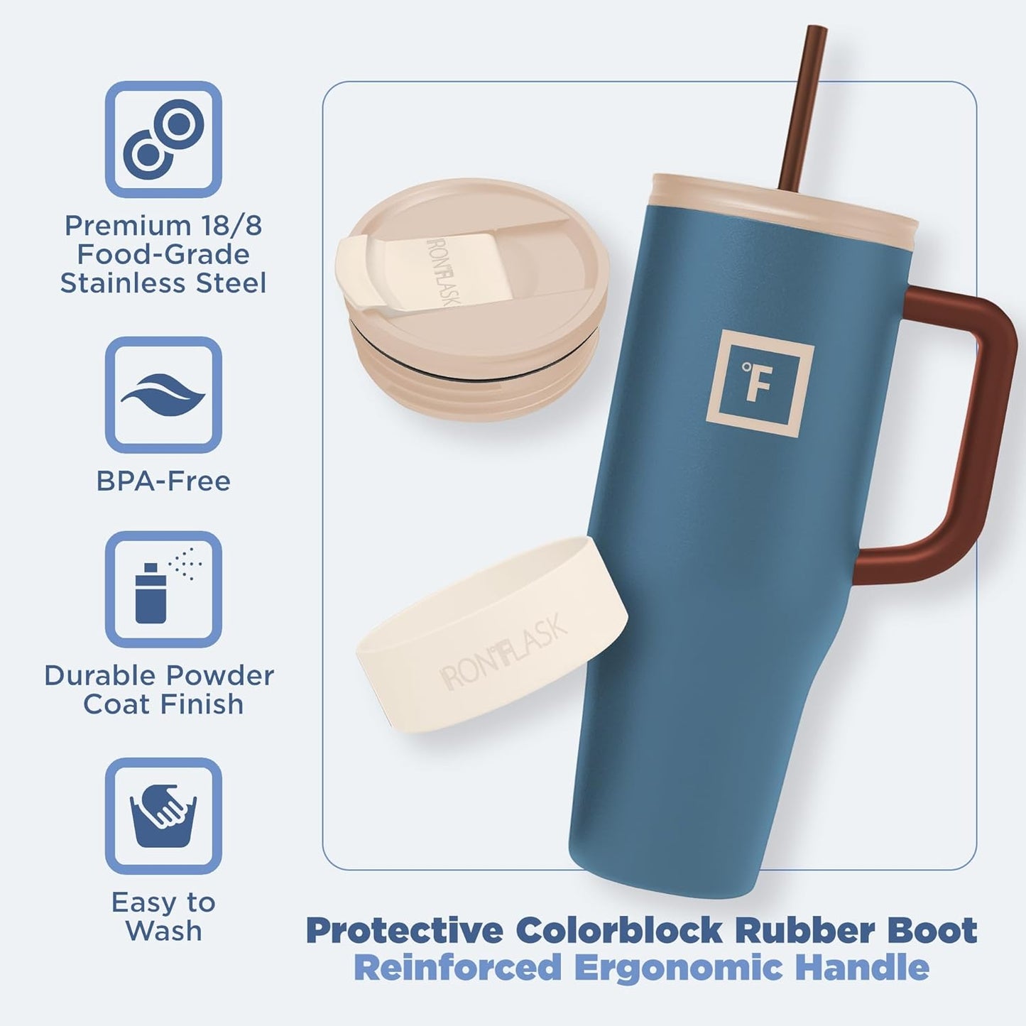 IRON °FLASK Co-Pilot Insulated Mug w/Boot, Straw & Flip Cap Lids - Cup Holder Bottle for Hot, Cold Drink - Leak-Proof - Water, Coffee Portable Travel Mug - Cream & Berries, 40 Oz