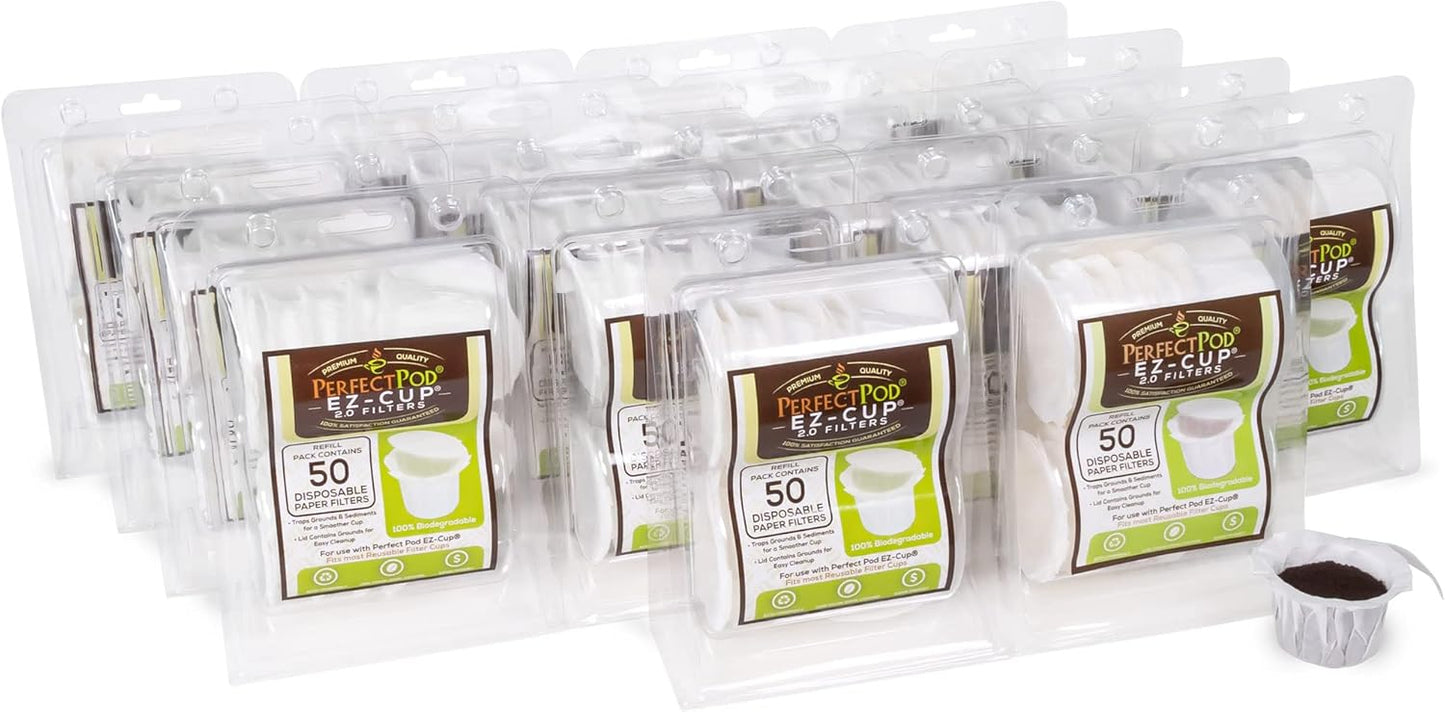 Perfect Pod EZ-Cup Paper Coffee Filters with Patented Lid for Single-Serve Coffee Brewers and Coffee Pods, Compatible with Keurig, 18-Pack (900 Filters)