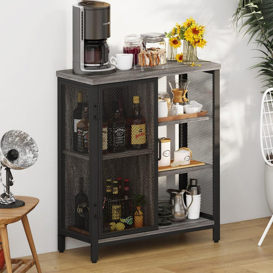 BON AUGURE Liquor Cabinet Bar for Home, Farmhouse Coffee Storage Cabinet for Kitchen, Small Wood Sideboard Buffet Station Cabinets with Door (Dark Grey Oak, 36")