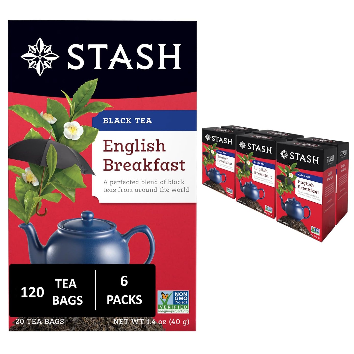 Stash Tea English Breakfast Black Tea - Caffeinated, Non-GMO Project Verified Premium Tea with No Artificial Ingredients, 20 Count (Pack of 6) - 120 Bags Total