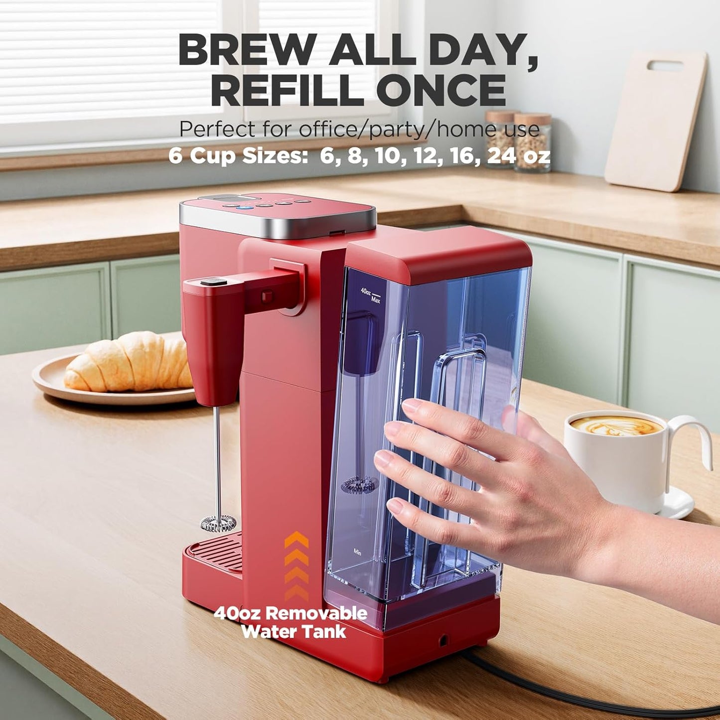 Single Serve Coffee Maker with Built-in Detachable Milk Frother, Iced and Hot Coffee Machine for K Cup & Grounds, 40oz Removable Water Reservoir, 6 Cup Sizes, Fits 7.3" Travel Mug, Red