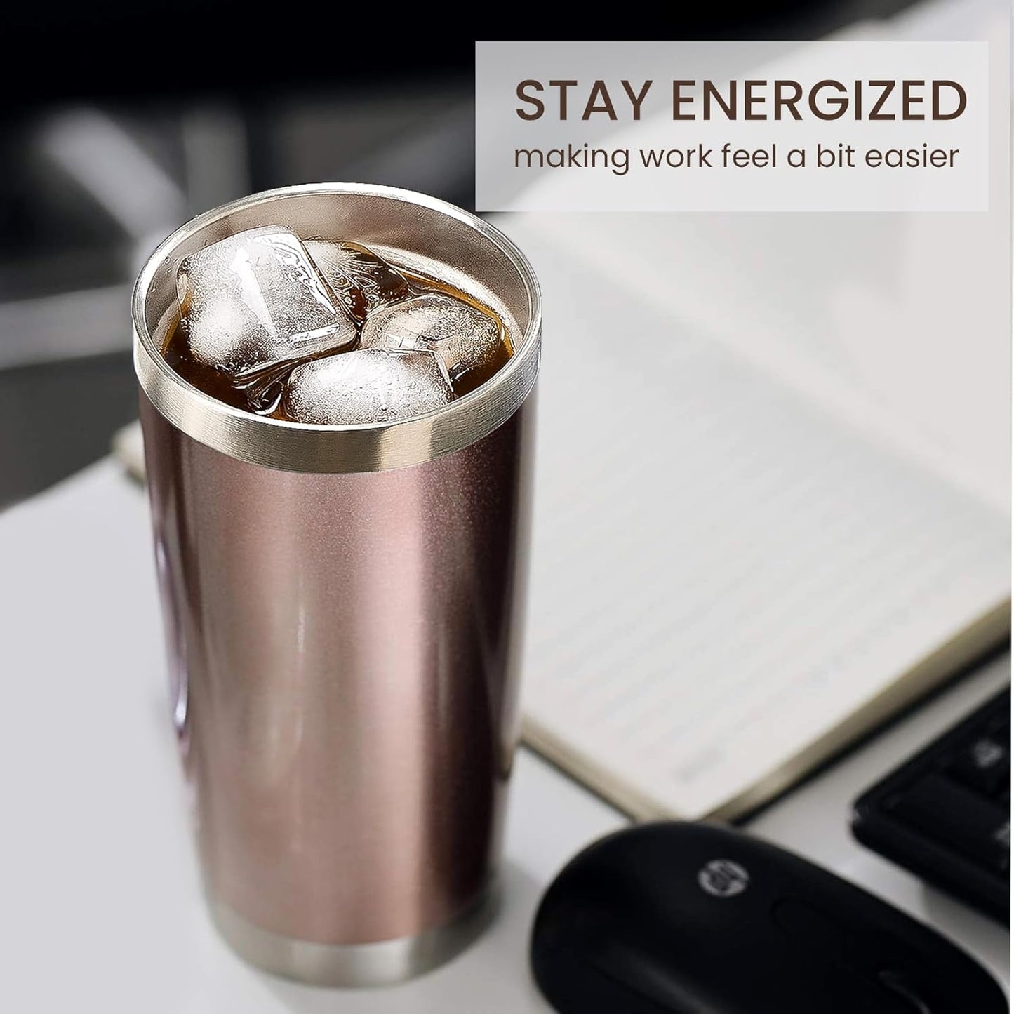 MEWAY 20oz Tumbler 4 Pack Double Wall Vacuum Insulated Travel Mug Bulk, Stainless Steel Tumblers with Lid and Straw, Durable Powder Coated Coffee Cups for Cold & Hot Drinks (Rose Gold, 4)